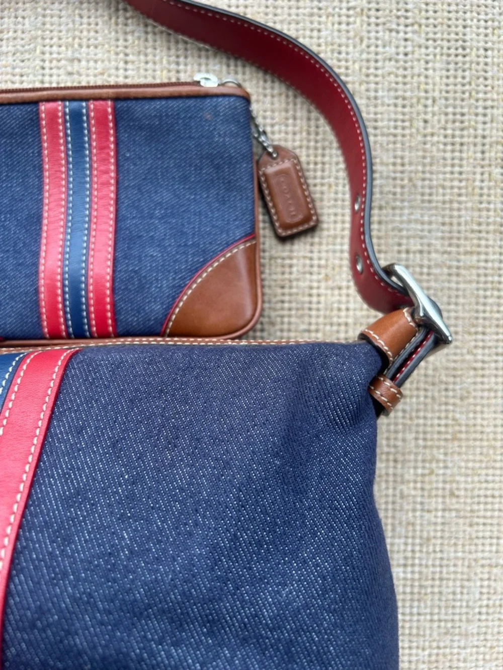 Coach Navy Canvas Shoulder Bag with Red and Pink Stripes